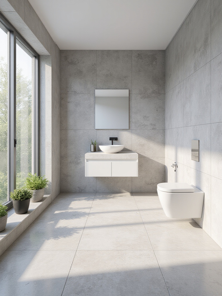 Small modern bathroom featuring large format light grey tiles on the walls and floor, creating a seamless and visually expansive space.