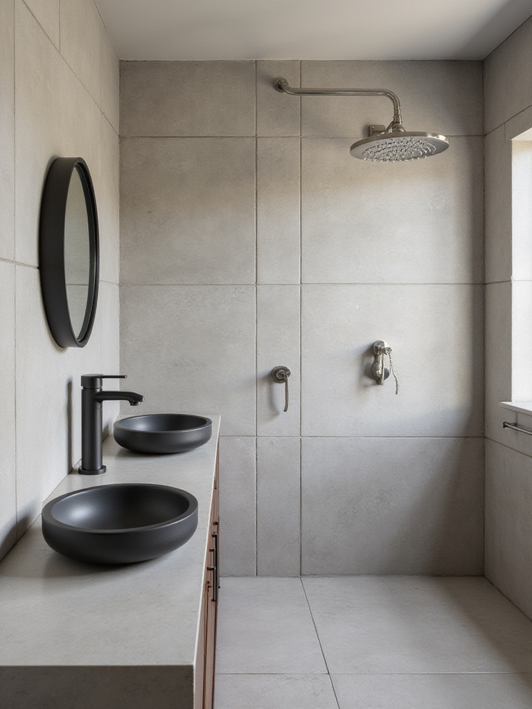 Modern bathroom with contrasting black, brushed nickel, and chrome fixtures.