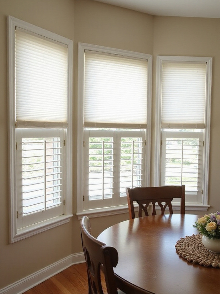 Pet-friendly window treatments, such as cordless cellular shades or sturdy shutters, enhancing light and privacy in a dining room.