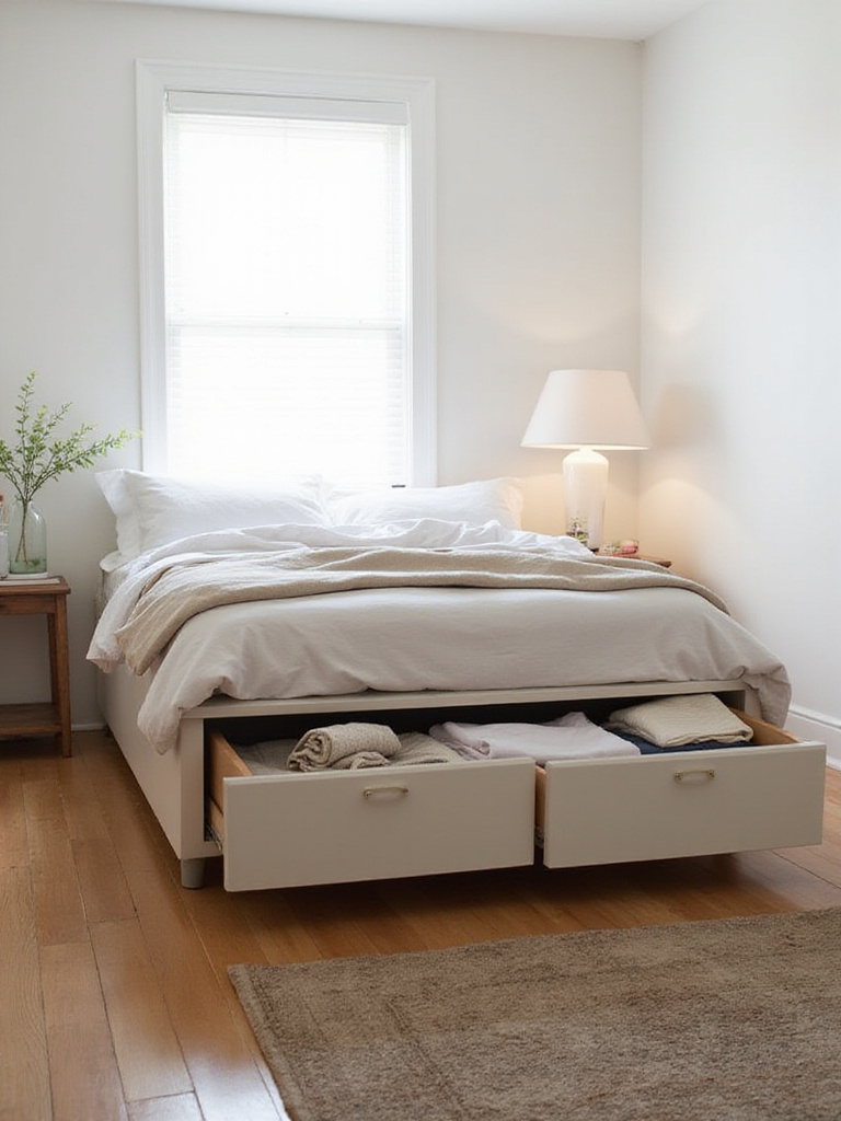 Small bedroom featuring a platform bed with built-in storage drawers beneath the mattress.