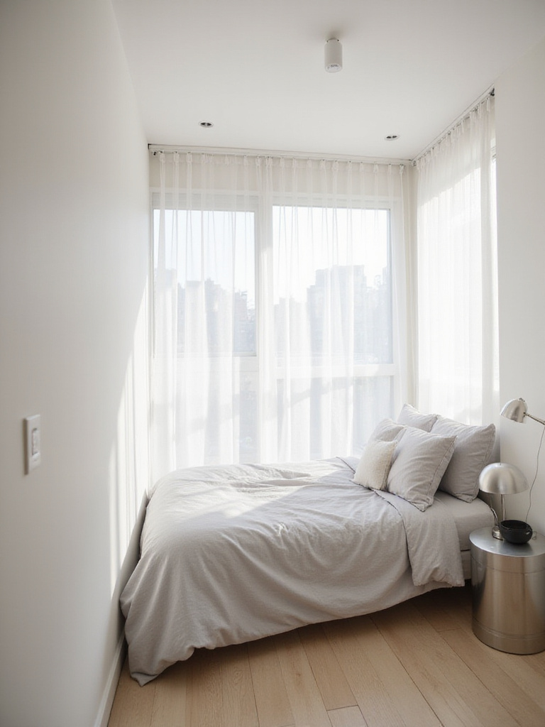 Small bedroom with light walls and bedding creating a spacious feel