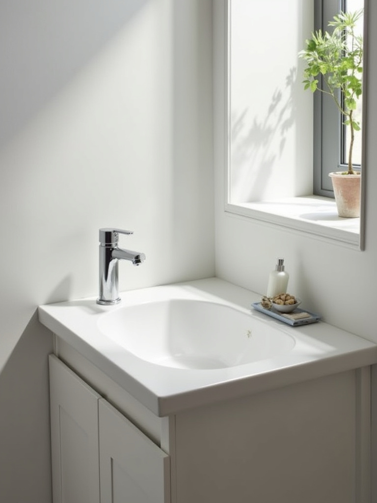 Small modern bathroom featuring a white integrated sink and countertop on a compact vanity, showcasing the seamless design that maximizes space and simplifies cleaning.