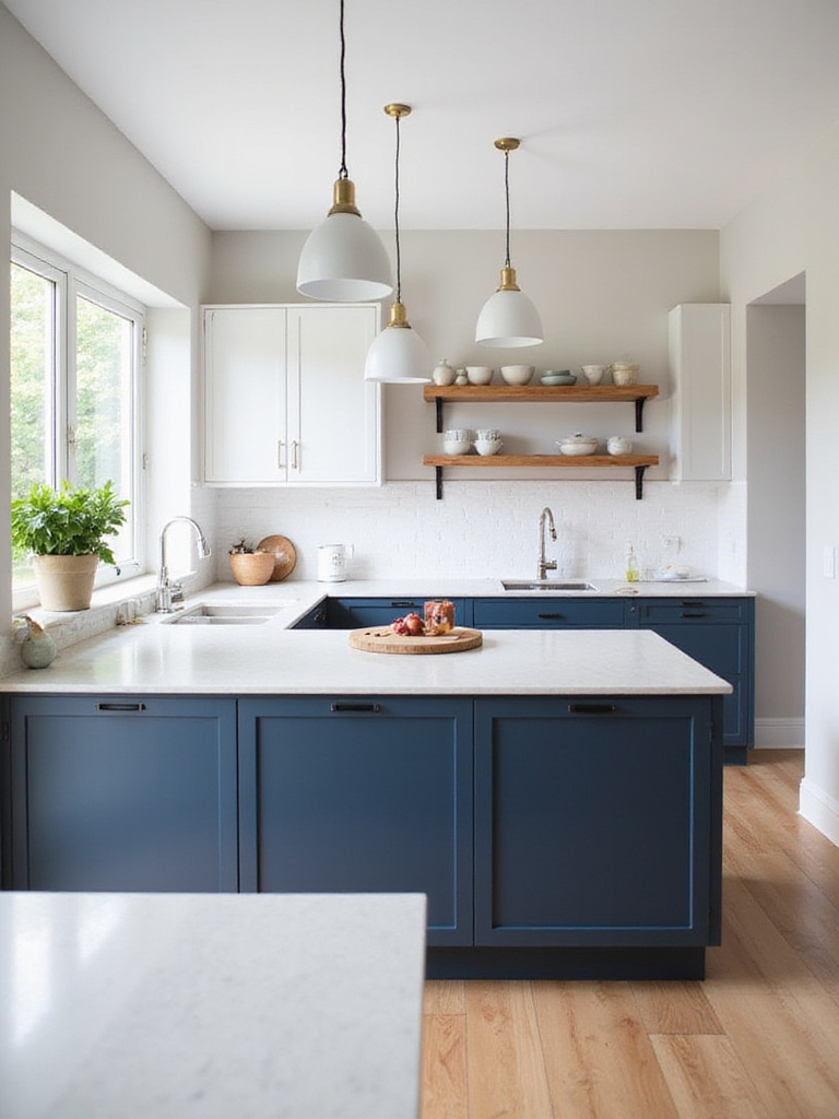 A modern kitchen featuring a color palette of light grey walls, navy blue lower cabinets, white upper cabinets, and warm wood accents, illuminated by natural light.