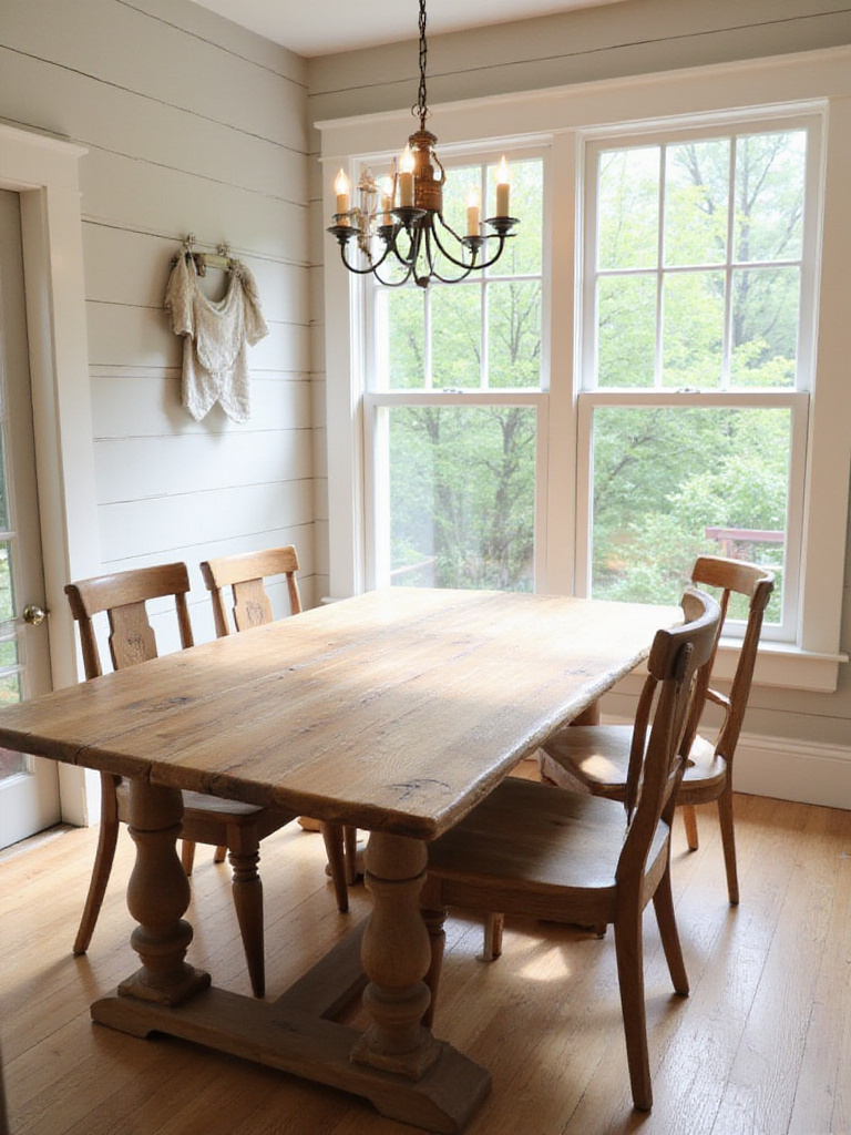 Farmhouse dining room with reclaimed wood dining table.