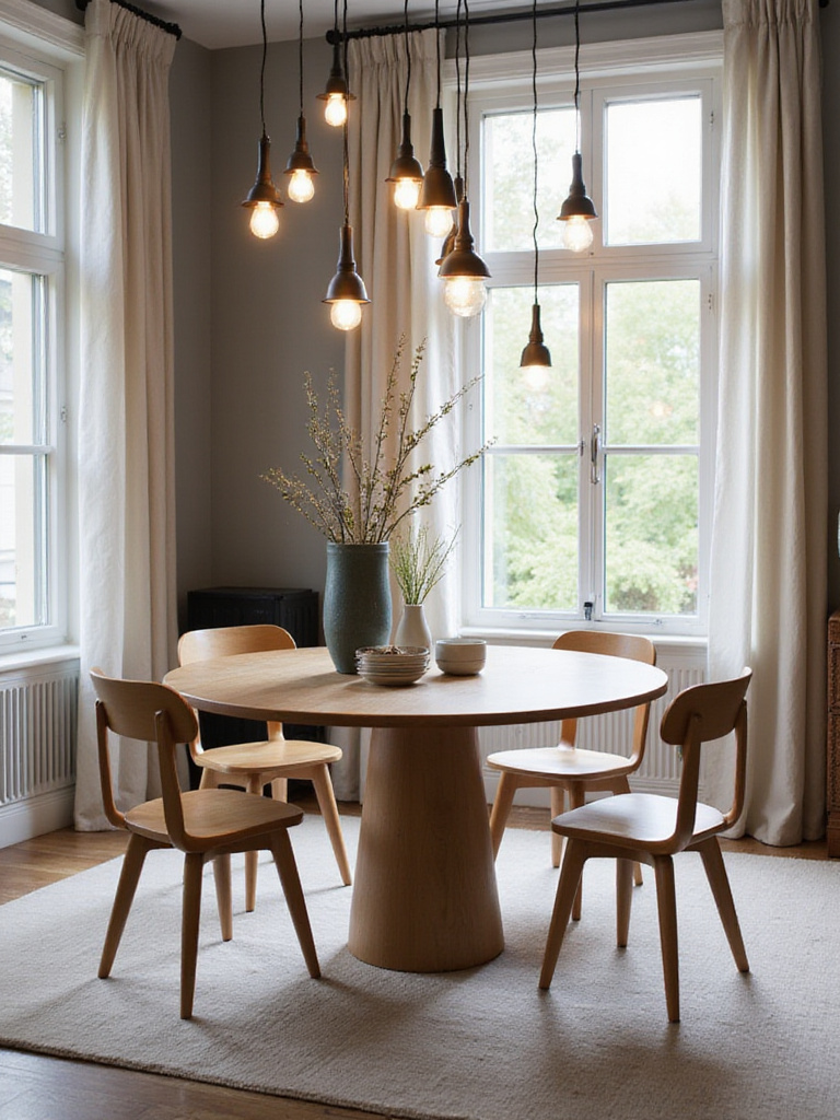 Modern dining room with round table and elegant lighting