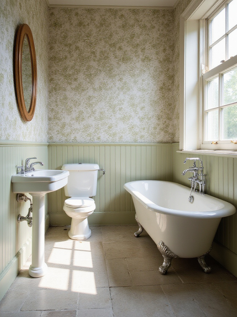 Vintage style bathroom with water-resistant floral wallpaper above a clawfoot tub and pedestal sink.