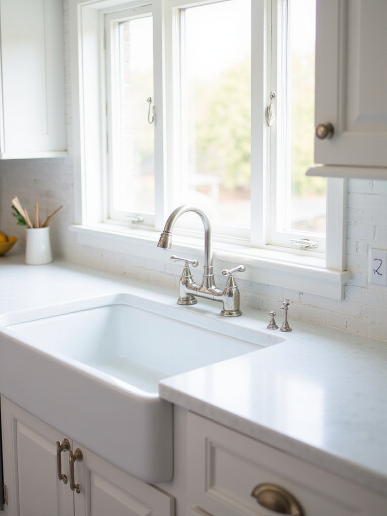 Farmhouse kitchen sink with brushed nickel bridge faucet