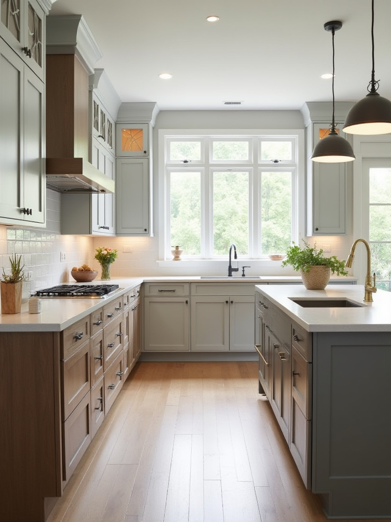 Modern kitchen featuring mixed cabinet styles and materials, including dark wood veneer flat-panel base cabinets, light gray painted shaker island cabinets, and upper cabinets with reeded glass inserts.