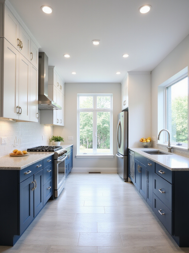 Modern kitchen with two-toned navy and white cabinets.