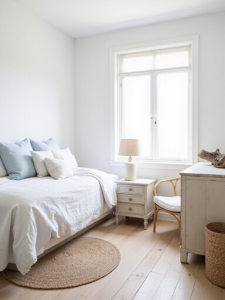 Serene coastal bedroom featuring blue and white bedding, natural wood furniture, a jute rug, and bright natural light.