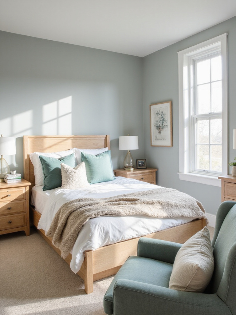 Bedroom with color-coordinated light oak furniture and muted teal and beige accents.
