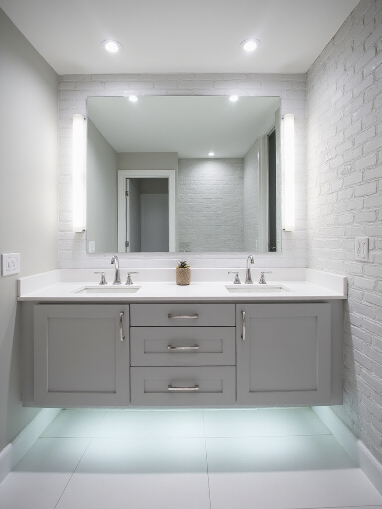 Modern bathroom with layered lighting: recessed lights, LED light bars, and under-cabinet lighting.