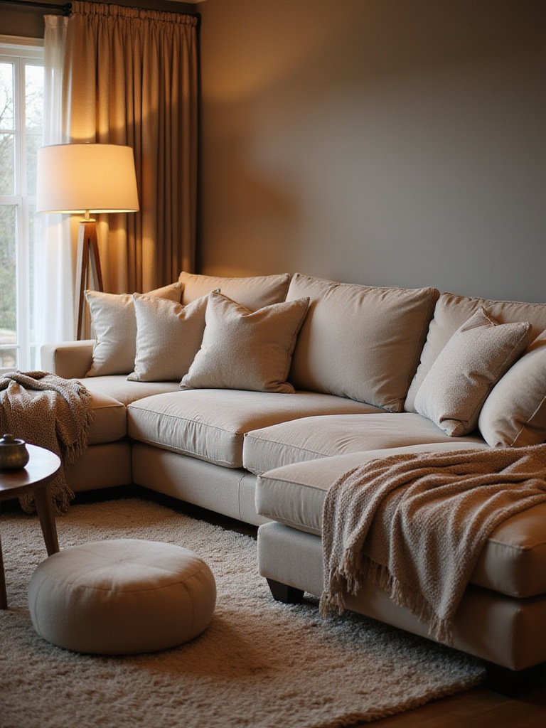 Comfortable living room featuring a deep sectional sofa, plush pillows, throw blanket, and ottoman, designed for relaxation and lounging.