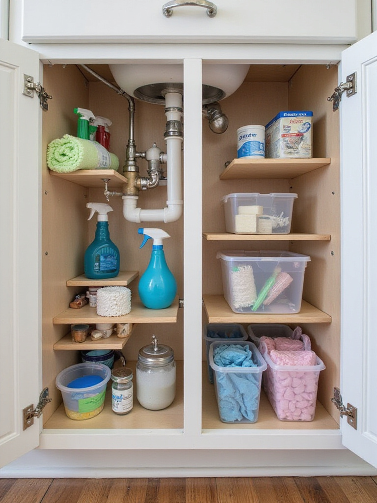 Well-organized cabinet under a kitchen sink featuring multi-tier shelves, pull-out bins, and door caddies for storing cleaning supplies around plumbing pipes.