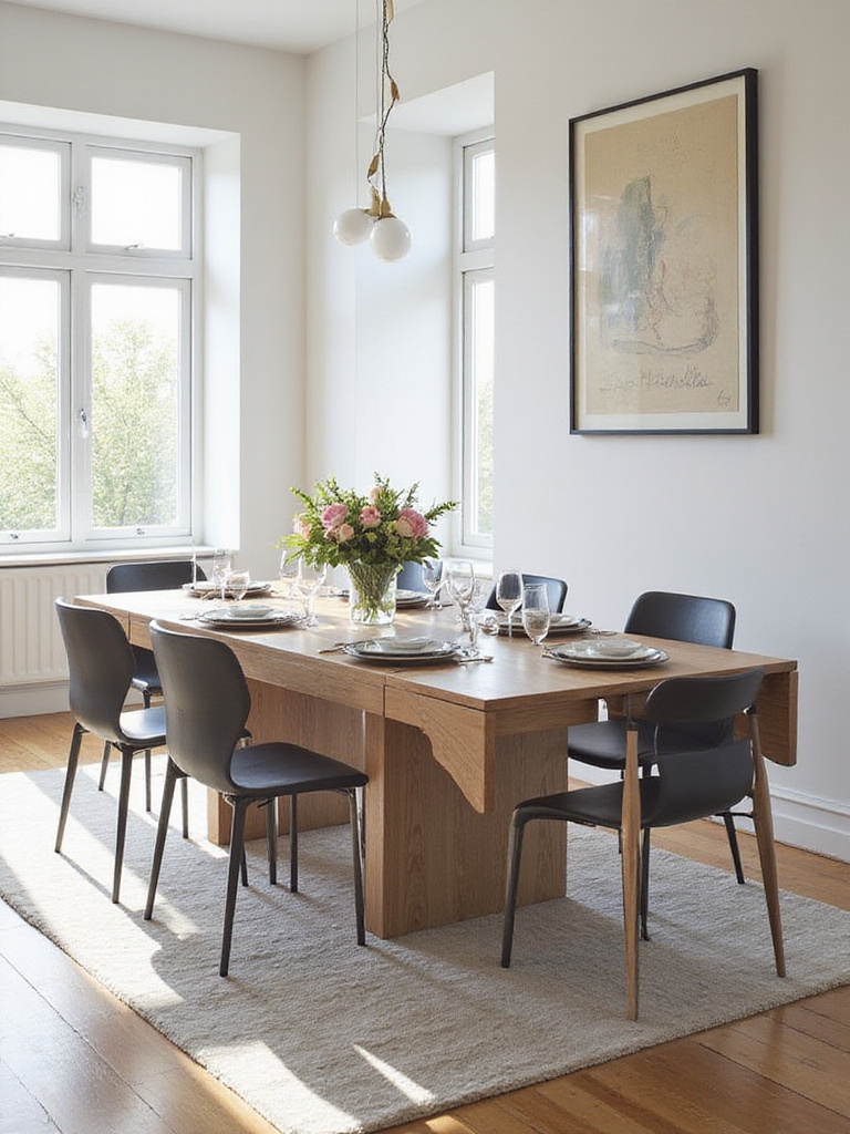 Modern dining room featuring an extendable dining table with drop-leaf options, elegantly set for a meal.