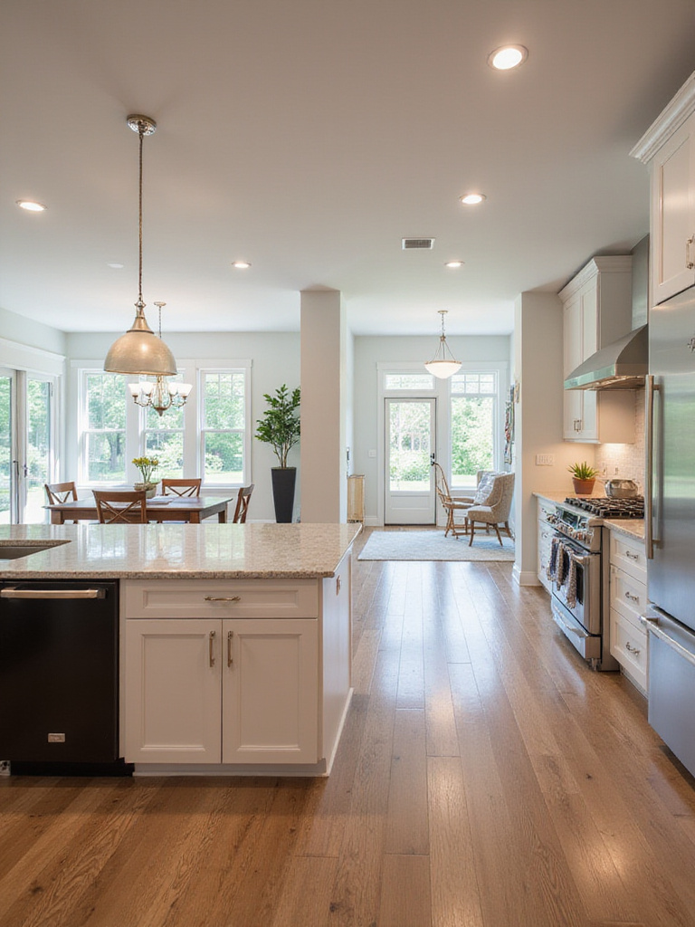 Open kitchen layout with dining area integration, showcasing modern design and natural light.