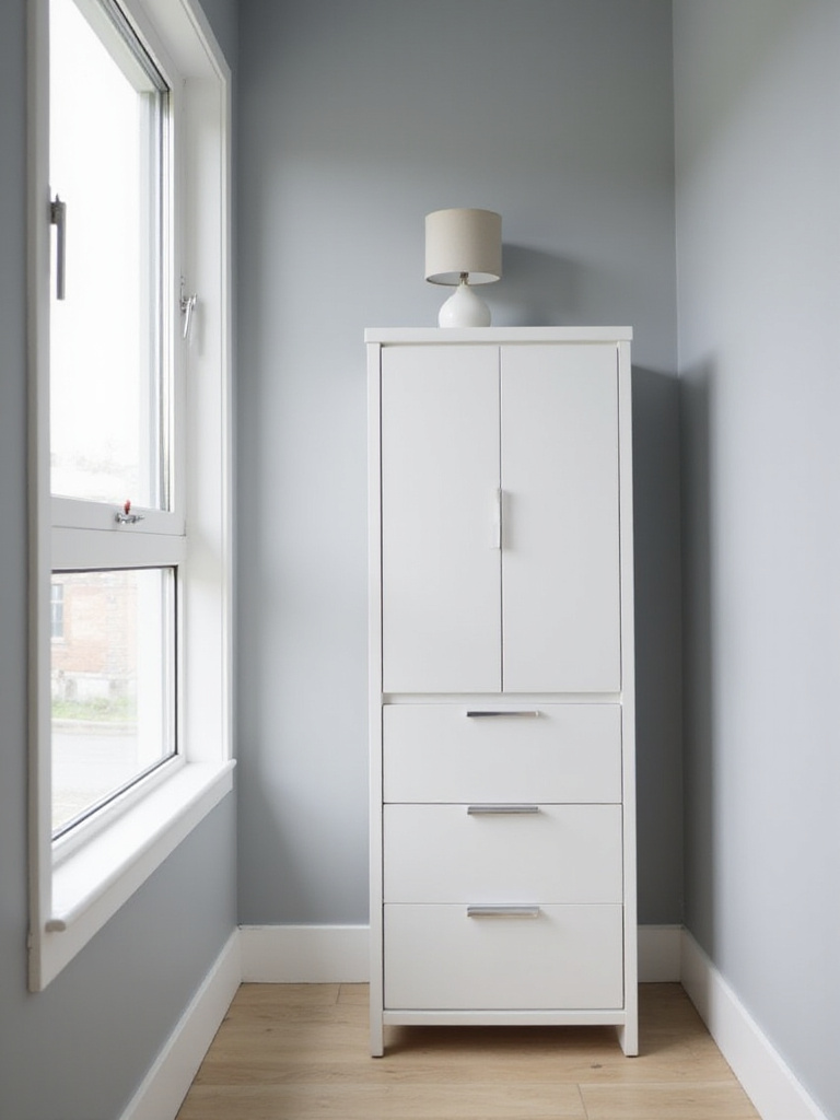 Narrow white tallboy dresser in a small modern bedroom maximizing vertical storage.