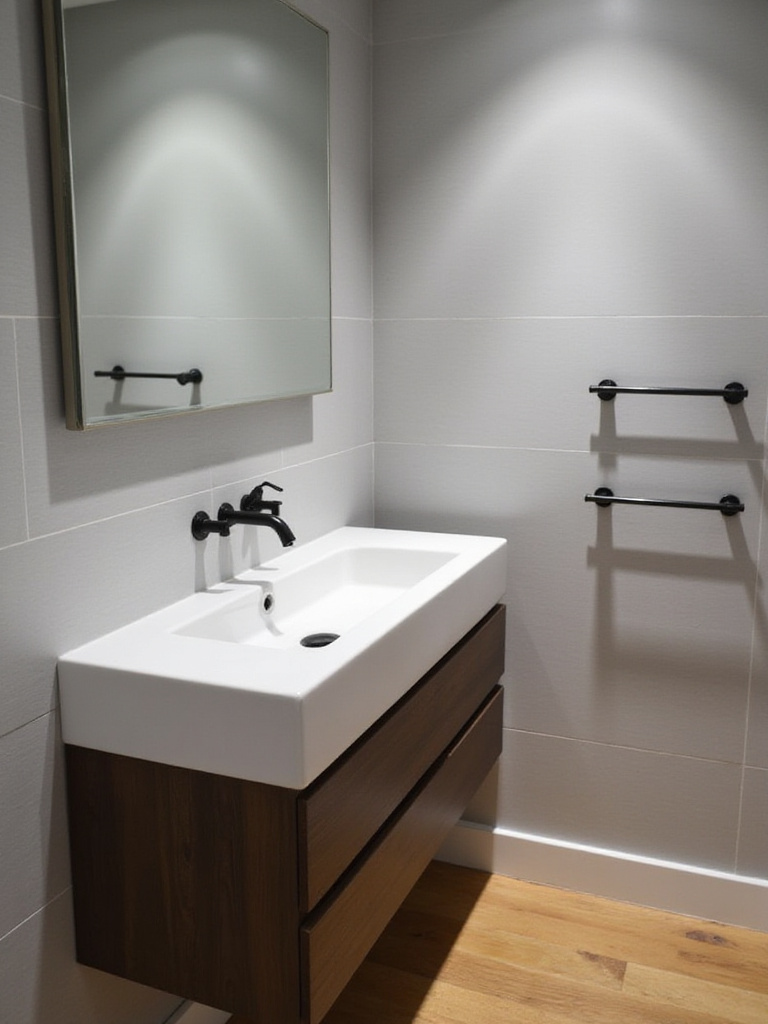 A narrow white trough sink mounted on a dark wood floating vanity in a small modern bathroom.