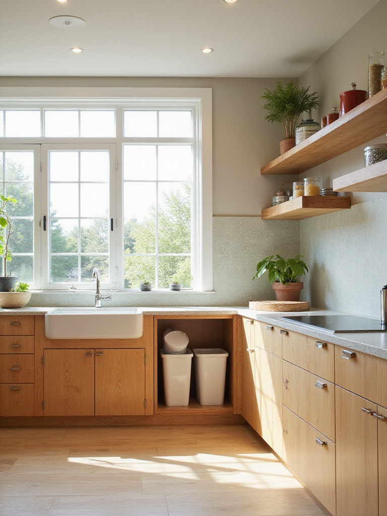 Modern sustainable kitchen renovation featuring bamboo cabinets, recycled glass countertops, reclaimed wood shelving, and integrated recycling bins.
