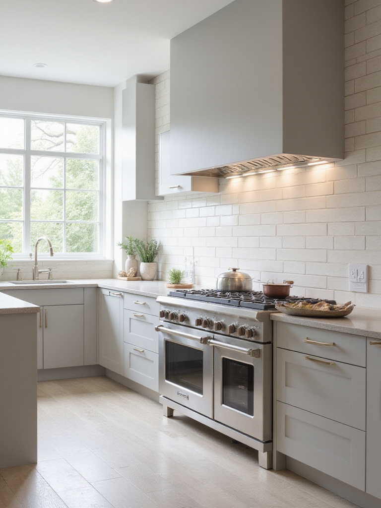 Large format light-colored rectangular tiles on a modern kitchen backsplash, illustrating how tile size impacts kitchen scale and visual spaciousness.