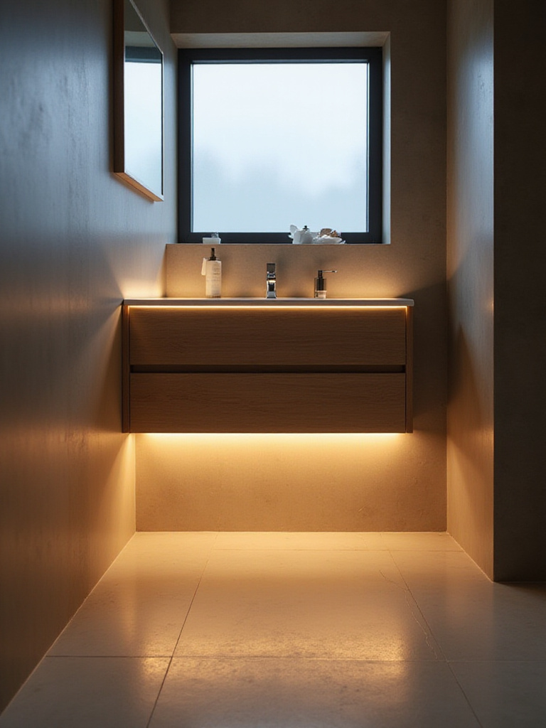 Modern bathroom with motion sensor under-cabinet lighting illuminating the floor.