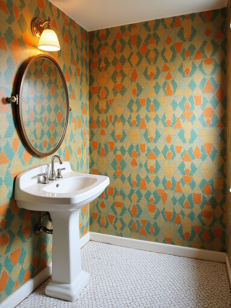 Vintage bathroom with Mid-Century Modern geometric wallpaper in teal, orange, and gold behind a pedestal sink.