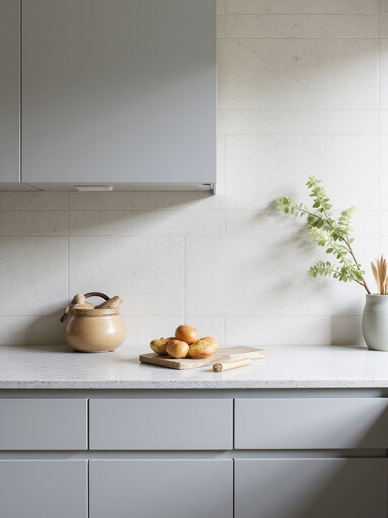 Modern kitchen featuring coordinated gray cabinets, white quartz countertops, and a light gray subway tile backsplash, demonstrating material harmony.