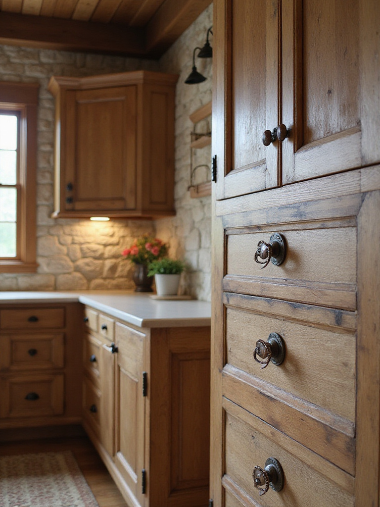 Rustic kitchen cabinets featuring a mix of dark cast iron pulls and warm copper knobs on distressed wood.