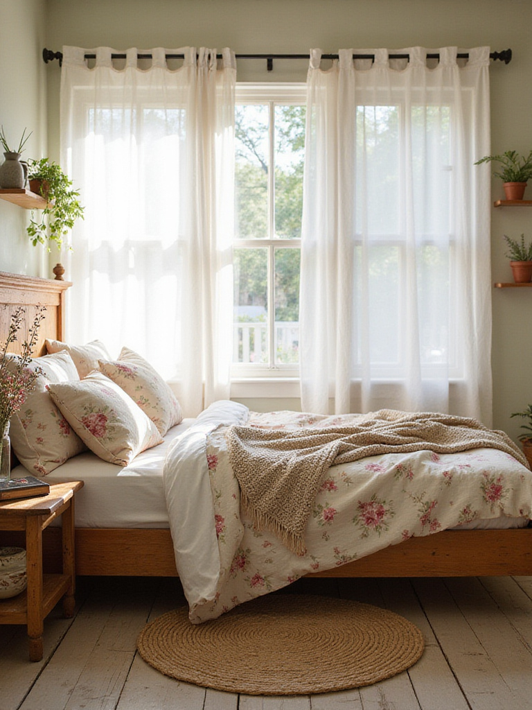 Cozy Cottagecore bedroom featuring floral bedding, rustic wooden furniture, woven rug, and natural light.