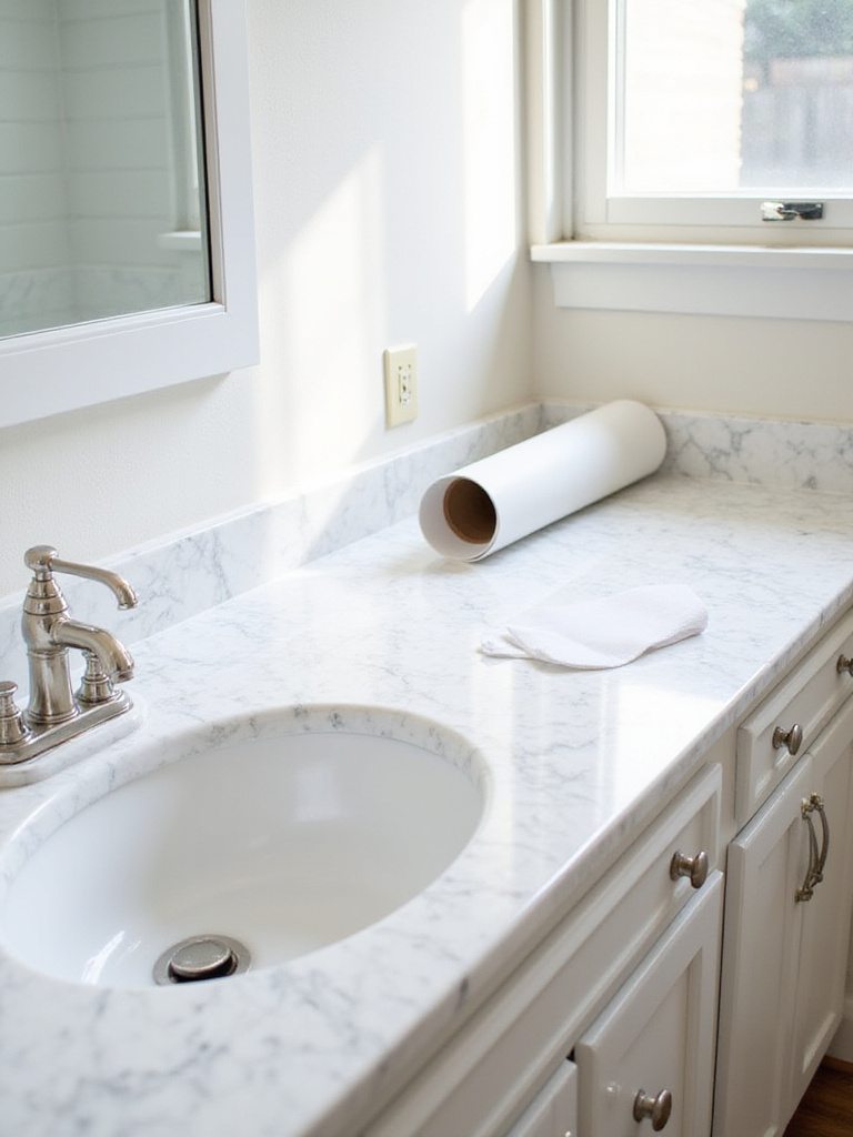Budget bathroom countertop makeover using marble contact paper, showing the finished vanity with sink and tools.