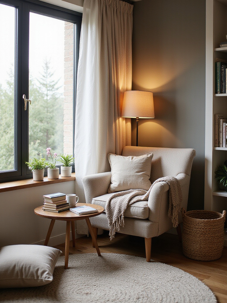 Cozy reading nook in a living room corner with a comfortable armchair, floor lamp, side table with books, and a nearby bookshelf, illuminated by soft natural and artificial light.