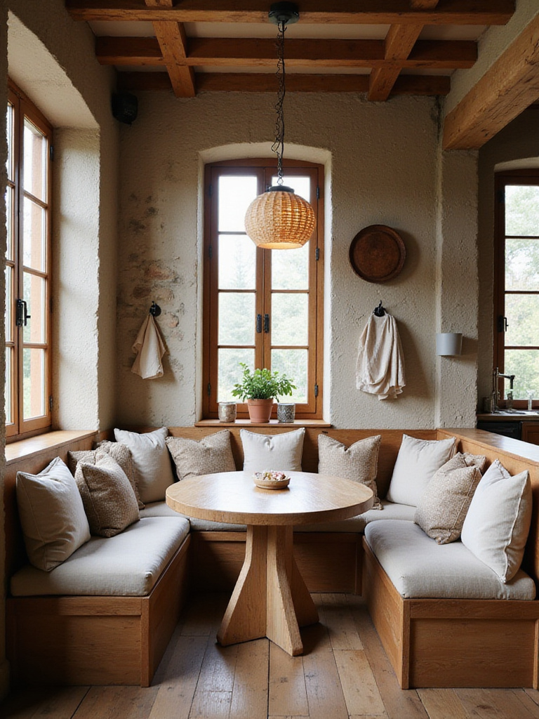 Rustic kitchen corner with a cozy built-in wood banquette seating area, complete with cushions, pillows, and a wooden table. The kitchen features exposed beams and rustic cabinetry.