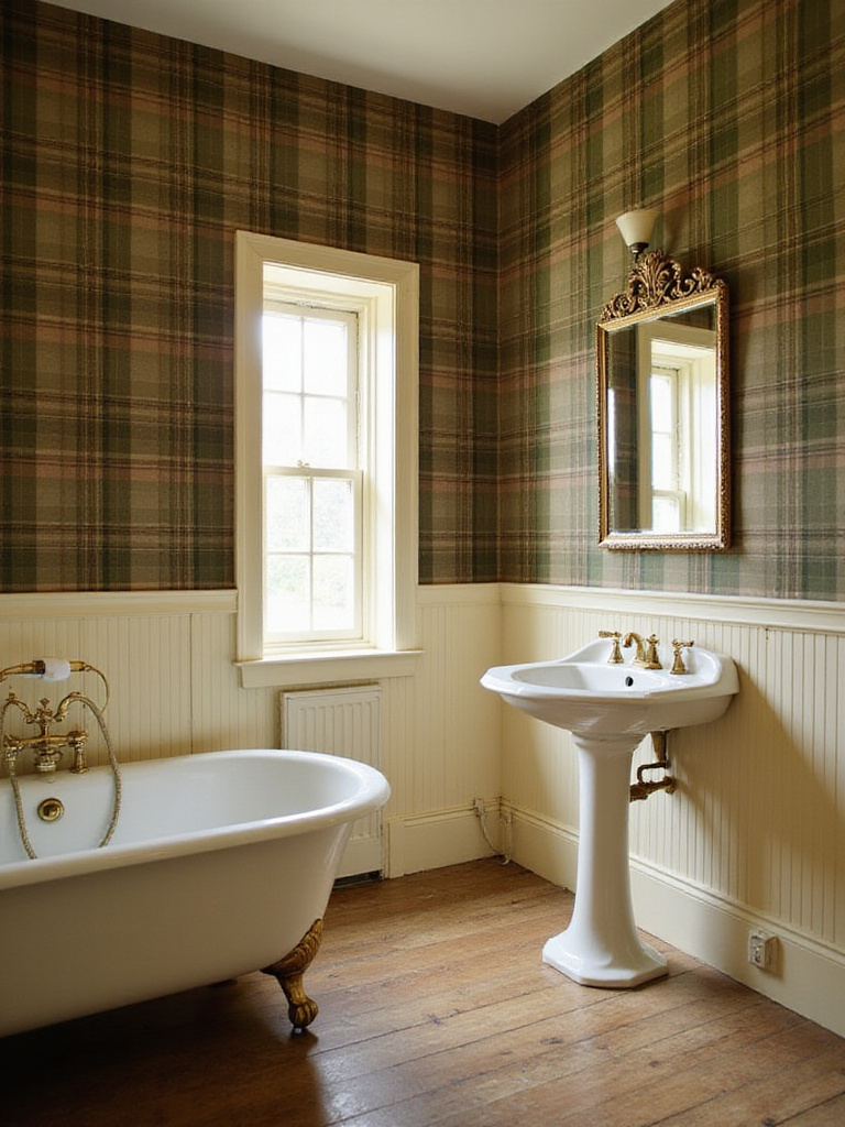 A cozy vintage bathroom featuring muted tartan plaid wallpaper on the walls above cream wainscoting, with a white clawfoot tub and pedestal sink.