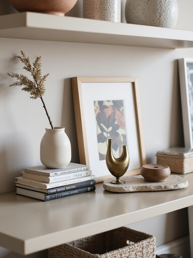 Curated eclectic living room shelf vignette featuring a mix of vintage books, ceramic vase, brass sculpture, and framed art.
