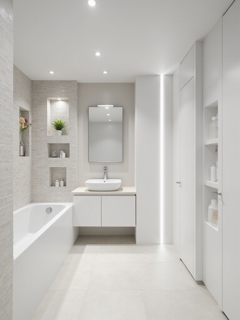 Modern small bathroom featuring seamless built-in storage, including a recessed medicine cabinet, shower niches, and a tall flush cabinet.