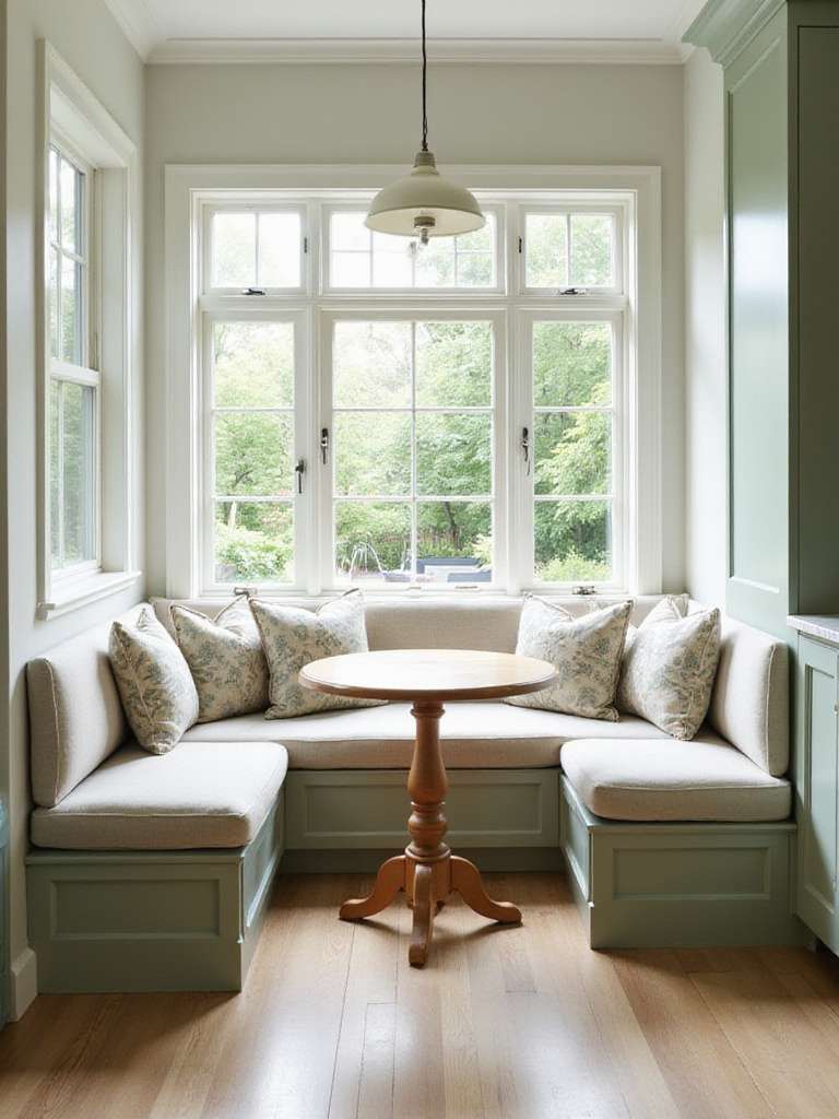 Cozy kitchen seating nook with an L-shaped banquette, round table, and window overlooking a garden, featuring natural light.
