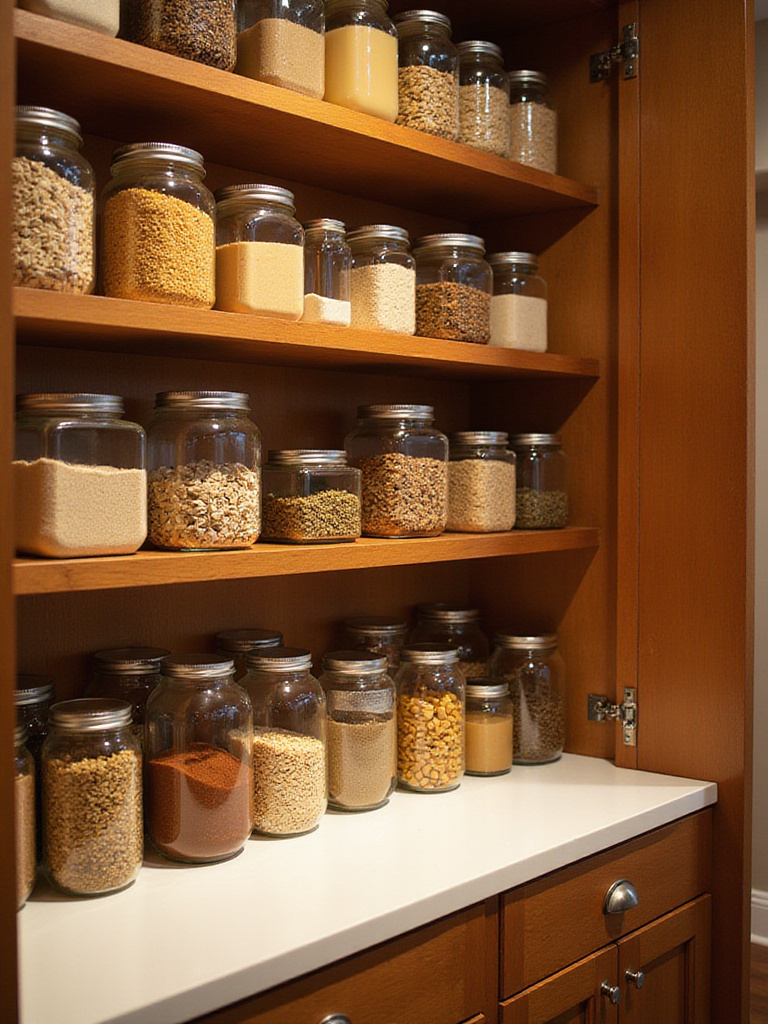 Organized kitchen pantry with open shelving and jars.