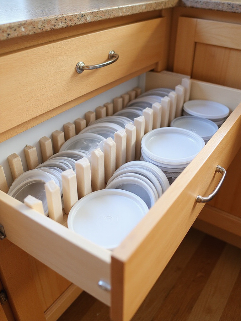 Open kitchen cabinet drawer with various plastic container lids neatly organized vertically using drawer dividers.