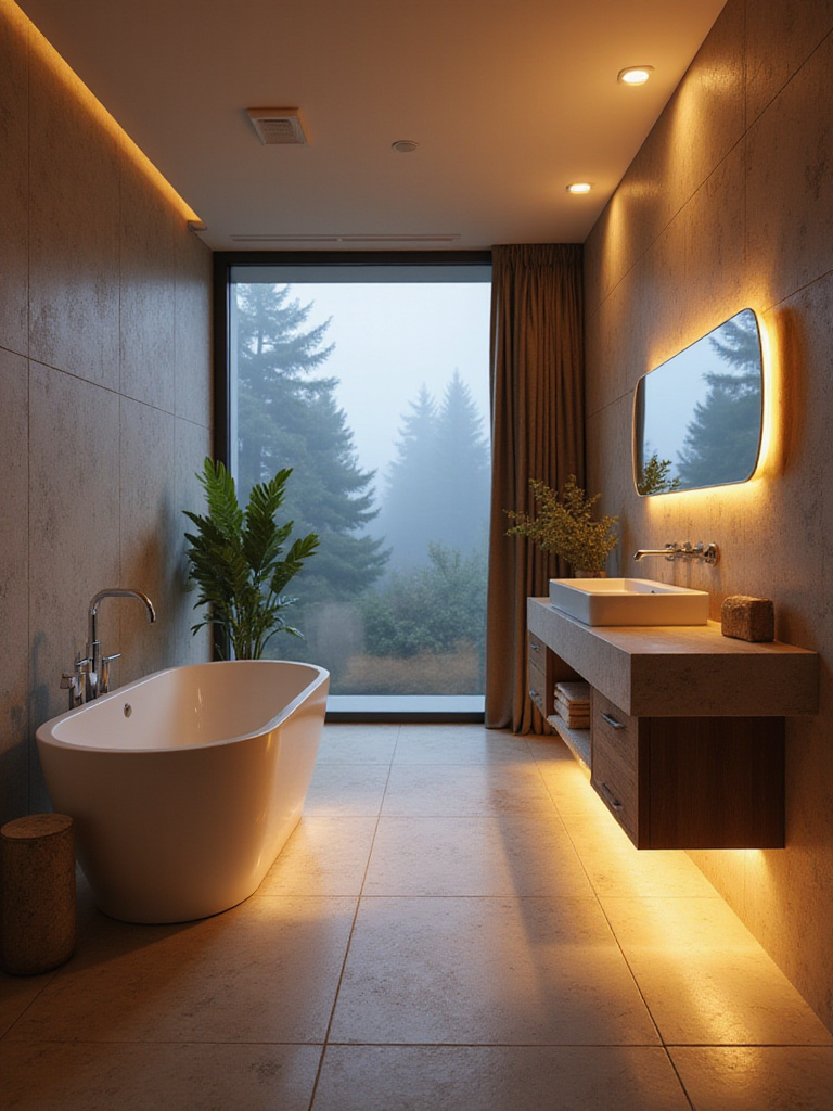 Relaxing bathroom with soft ambient lighting from recessed lights, LED strips under vanity, and a backlit mirror.