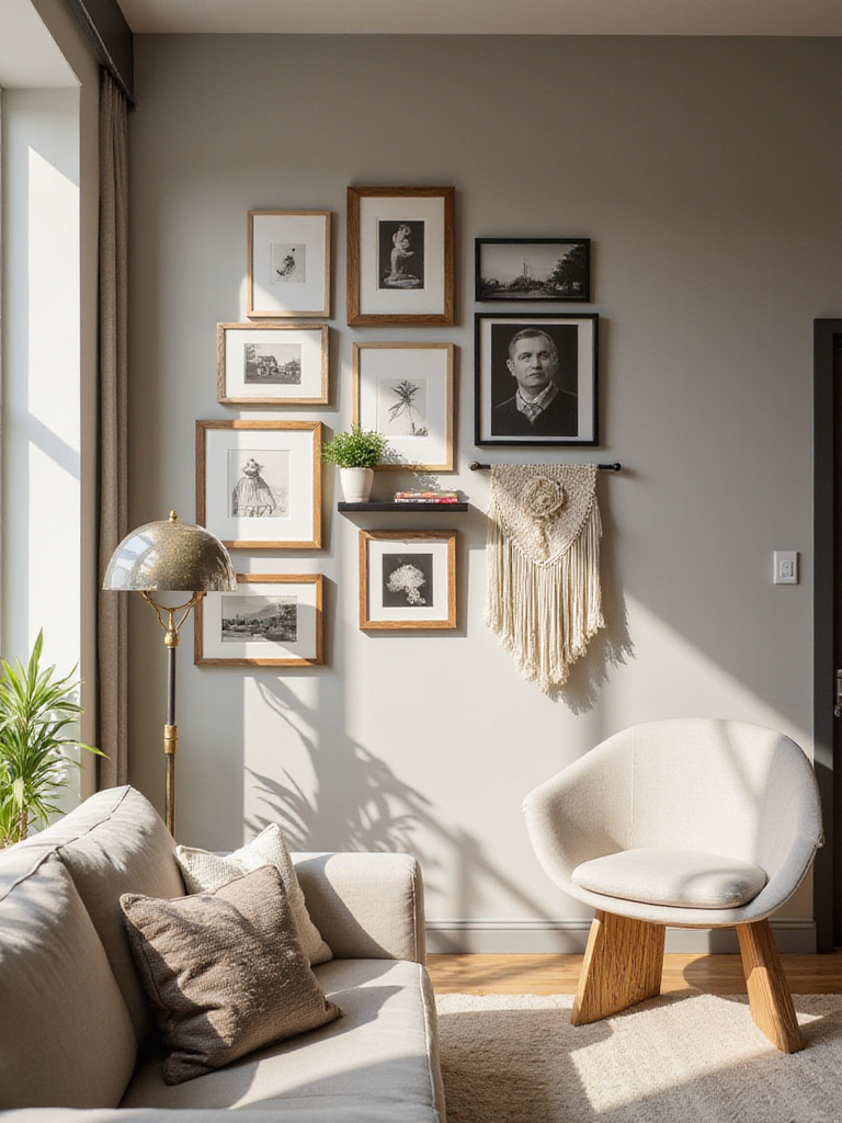 Stunning mixed-item gallery wall in a modern living room featuring framed art, mirror, shelf, and textile.