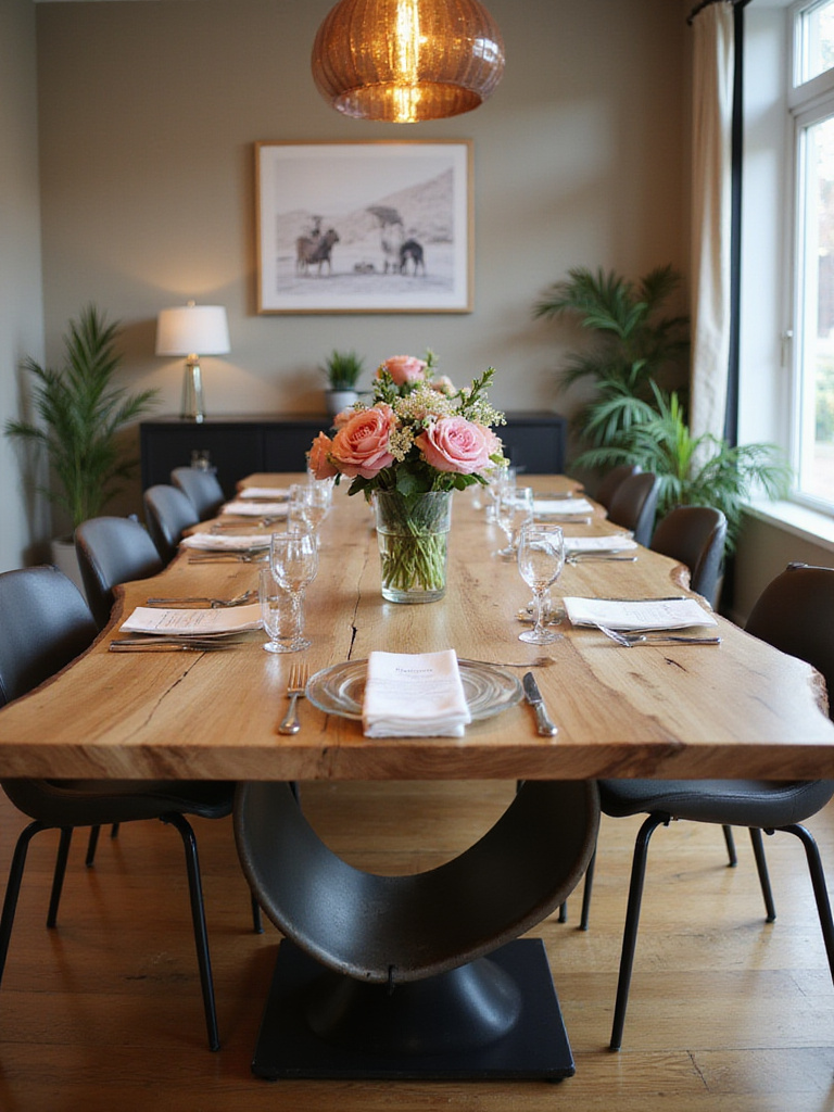 Welcoming focal point modern dining table with flowers and warm lighting