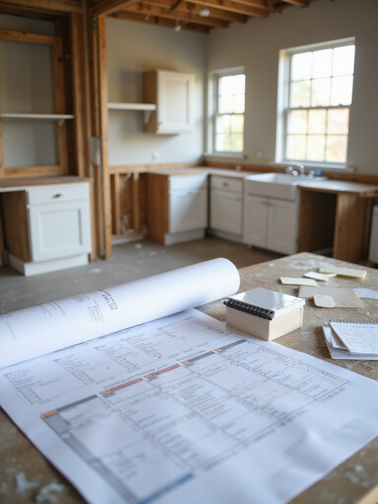 Detailed project timeline chart and blueprints laid out on a surface in a kitchen under renovation, illustrating the planning and scheduling phase of the project.