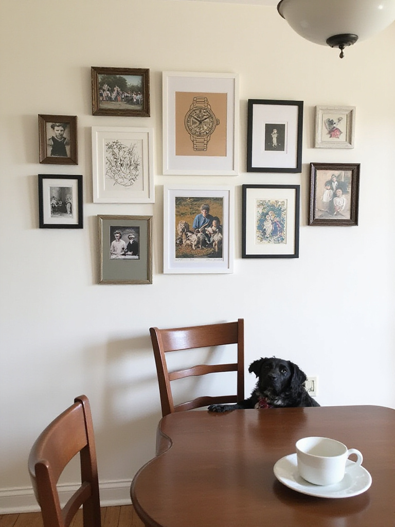 A curated gallery wall in a dining room expressing personal style, including family and pet photos, hung at a height safe from pets.