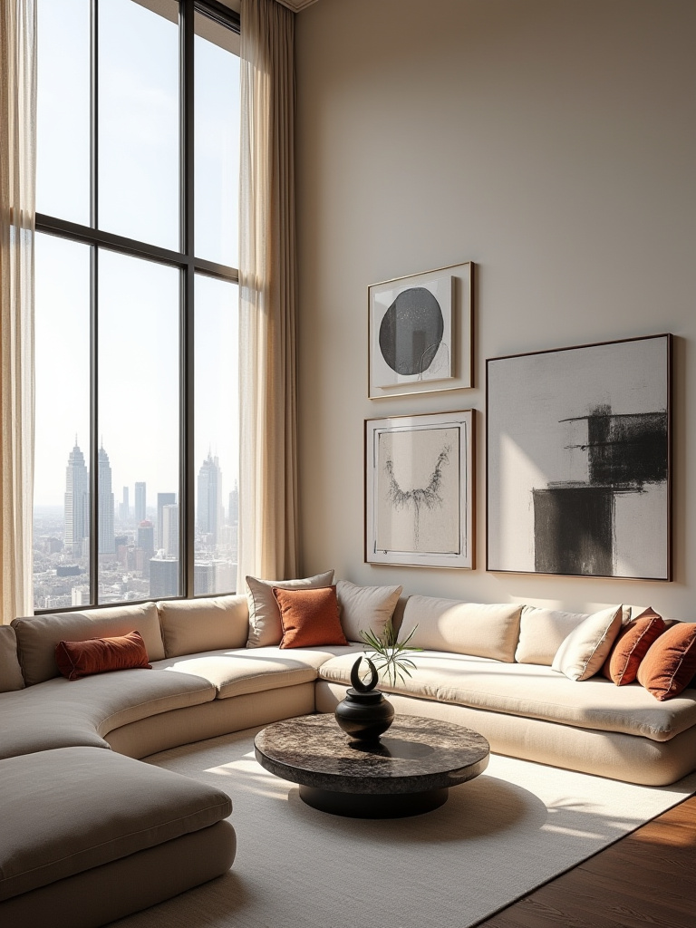 Luxurious living room featuring a curated and authentic art collection.