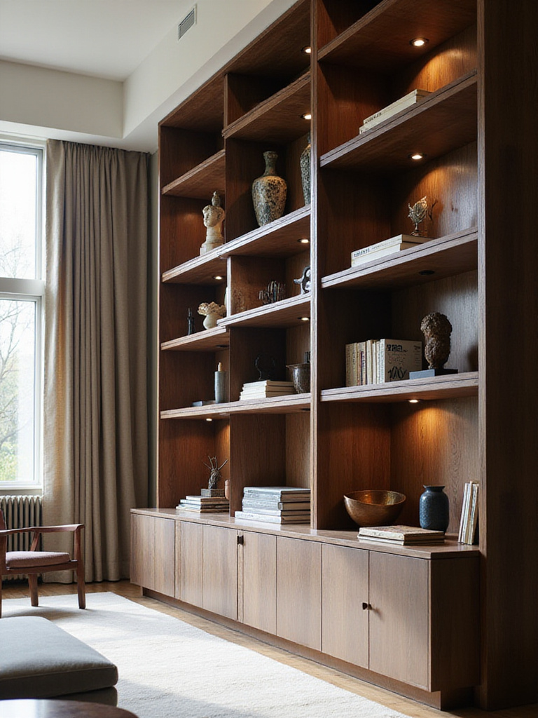 Luxurious living room with custom dark walnut built-in shelving and cabinetry showcasing art and books.