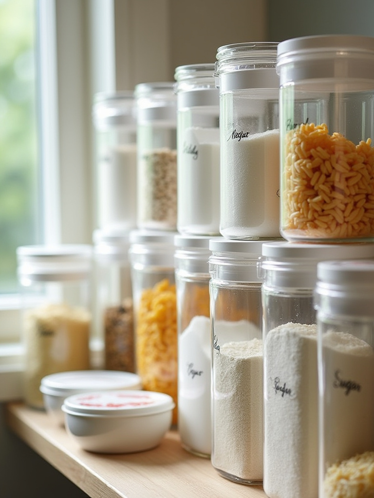 Neatly organized pantry with uniform stackable containers for dry goods