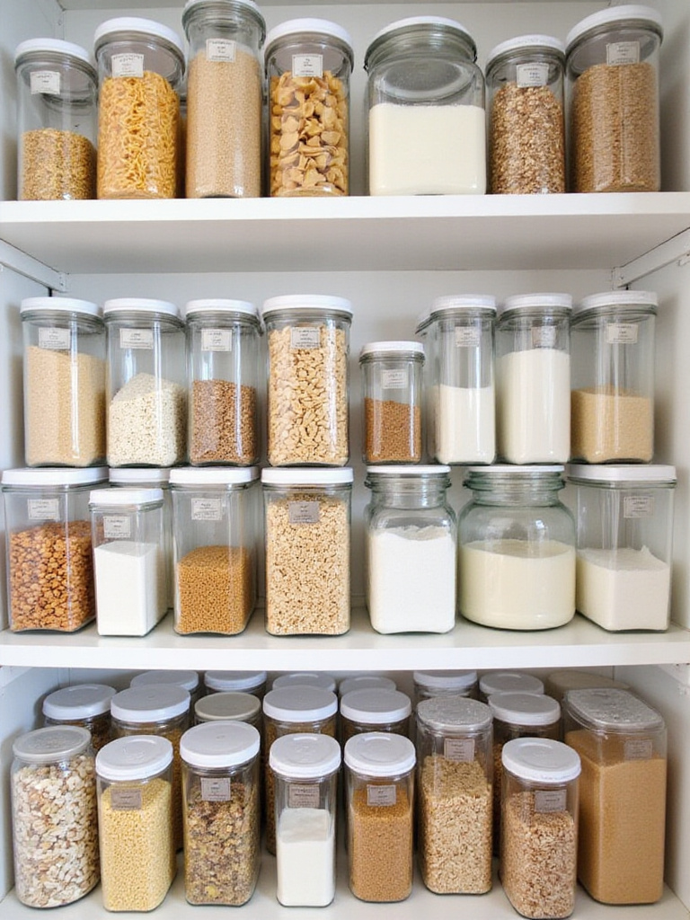 A perfectly organized pantry shelf displaying clear, labeled containers filled with dry goods like pasta, rice, and grains, showcasing the 'decant and conquer' method for a tidy space.