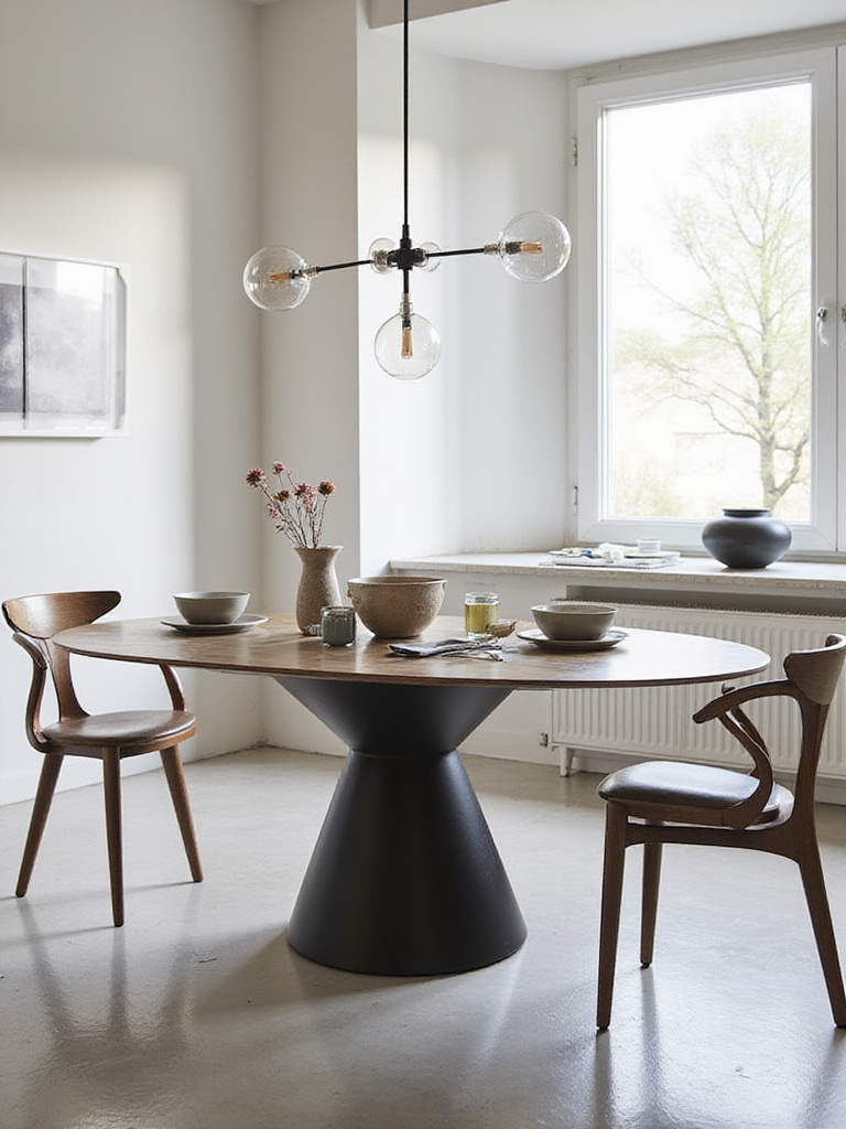 Modern dining table with pedestal base set for a meal in a bright dining room