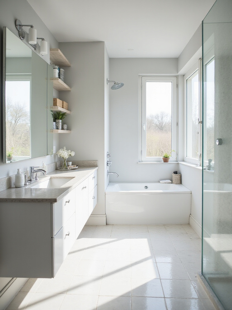 A sparkling clean and organized modern bathroom with a clear counter, neat storage, and gleaming surfaces, illustrating the impact of decluttering and deep cleaning.