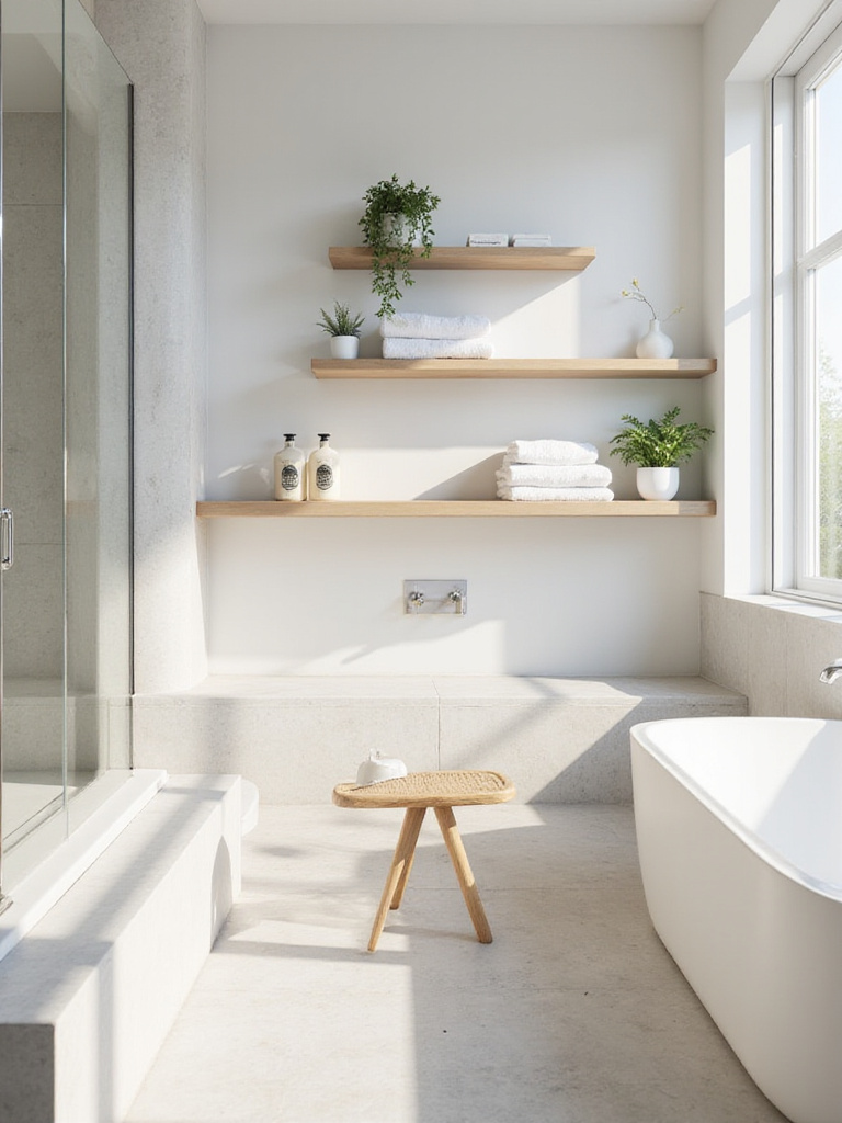 Sleek open shelving in a modern bathroom displaying neatly folded towels and toiletries, illustrating effective decluttering storage solutions.
